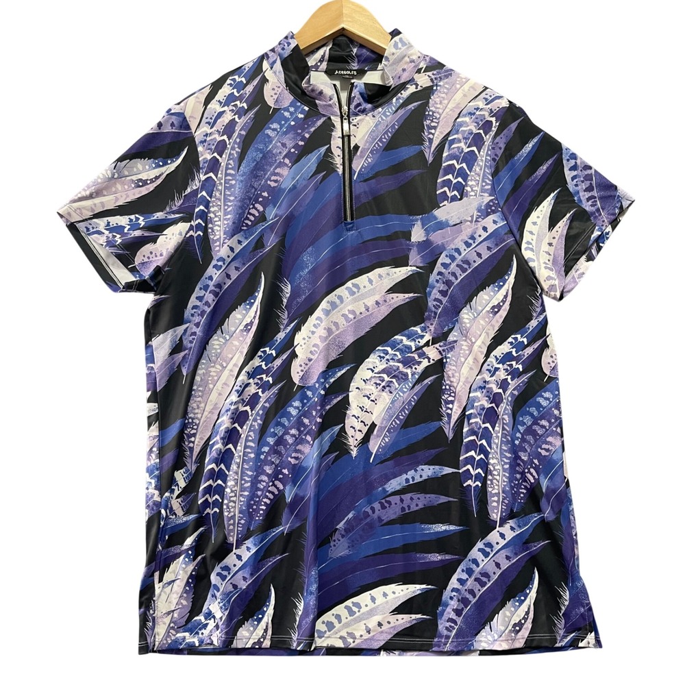 Acegolfs Quarter Zip Golf Polo Mens XL Blue Feather Print Performance Sporty